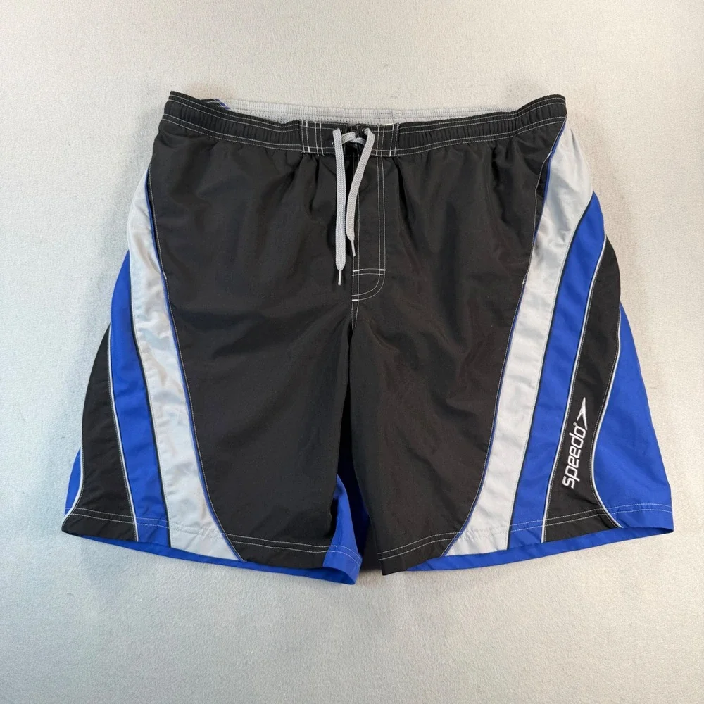 VTG Speedo Mens Swim Trunks Large Black Blue Colorblock Mesh Lined Large
